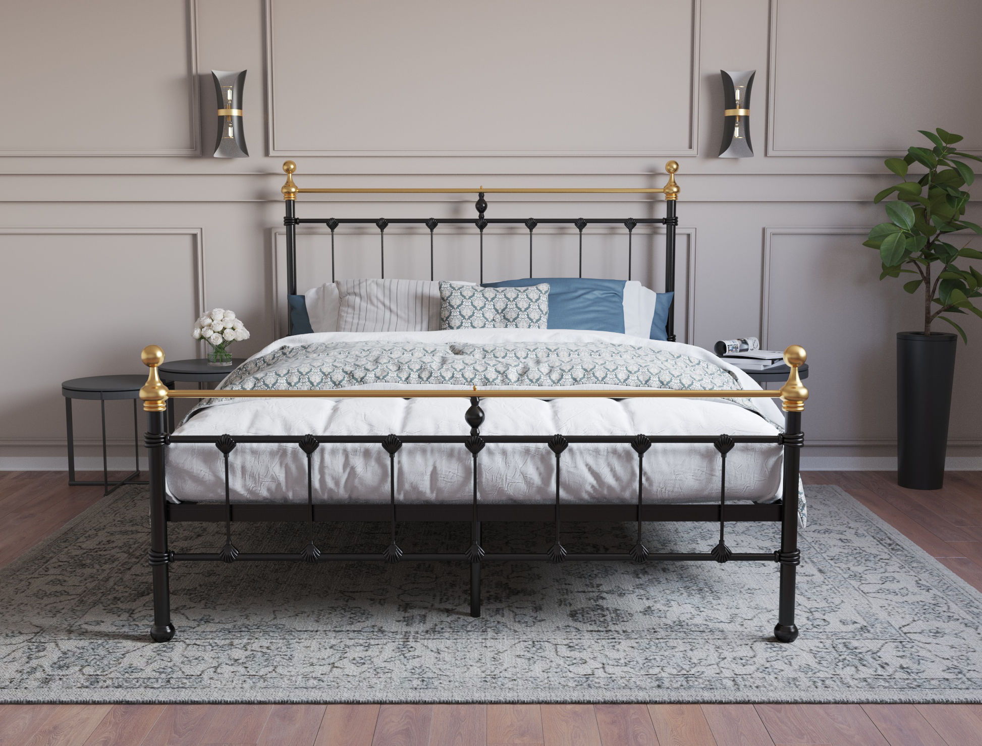 front view of a double bed frame with mattress and pillows in a bedroom from Isaak