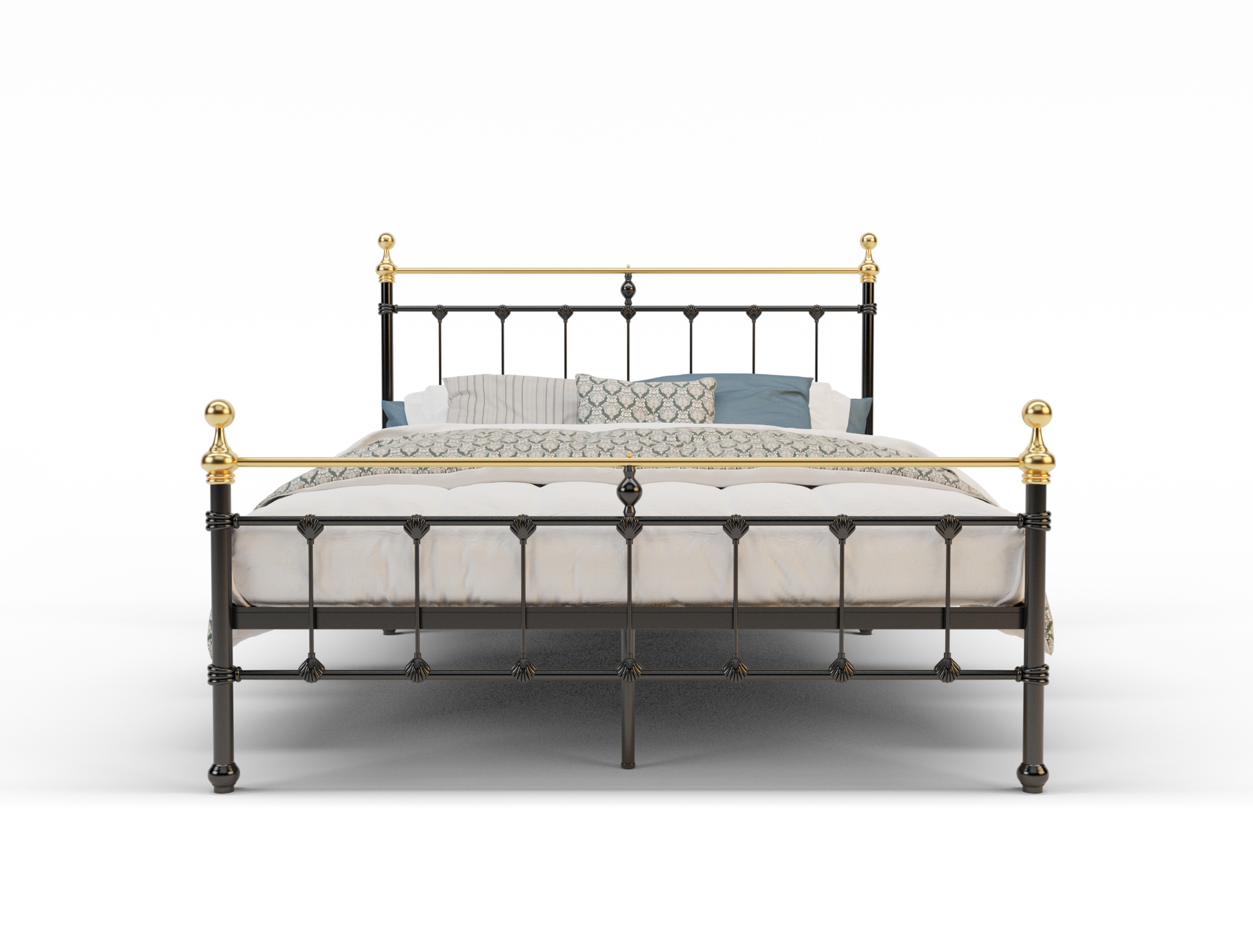 front view of a king bed frame with mattress and pillows in a white background from Isaak