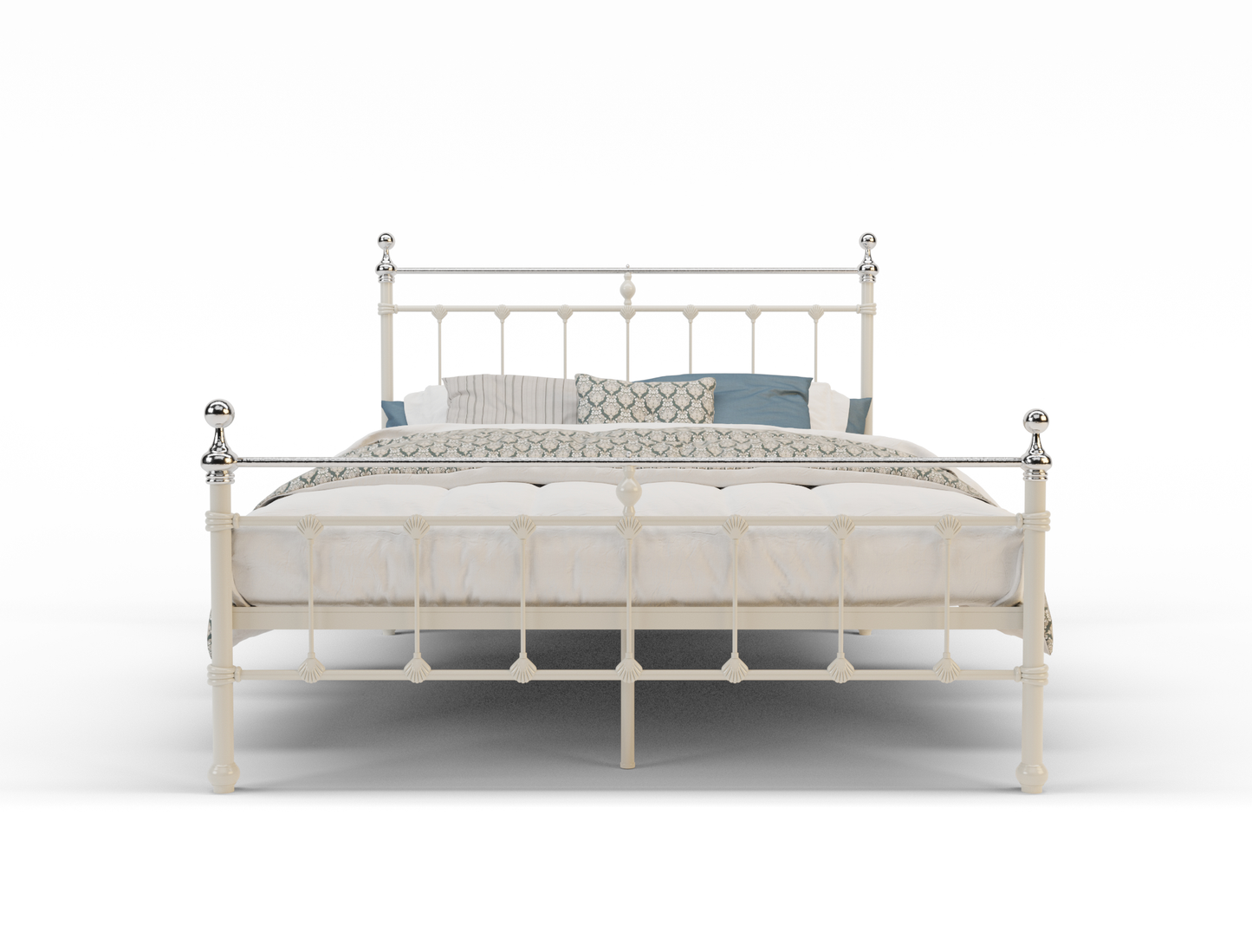 front view of a double bed frame with mattress and pillows in a white background from Isaak