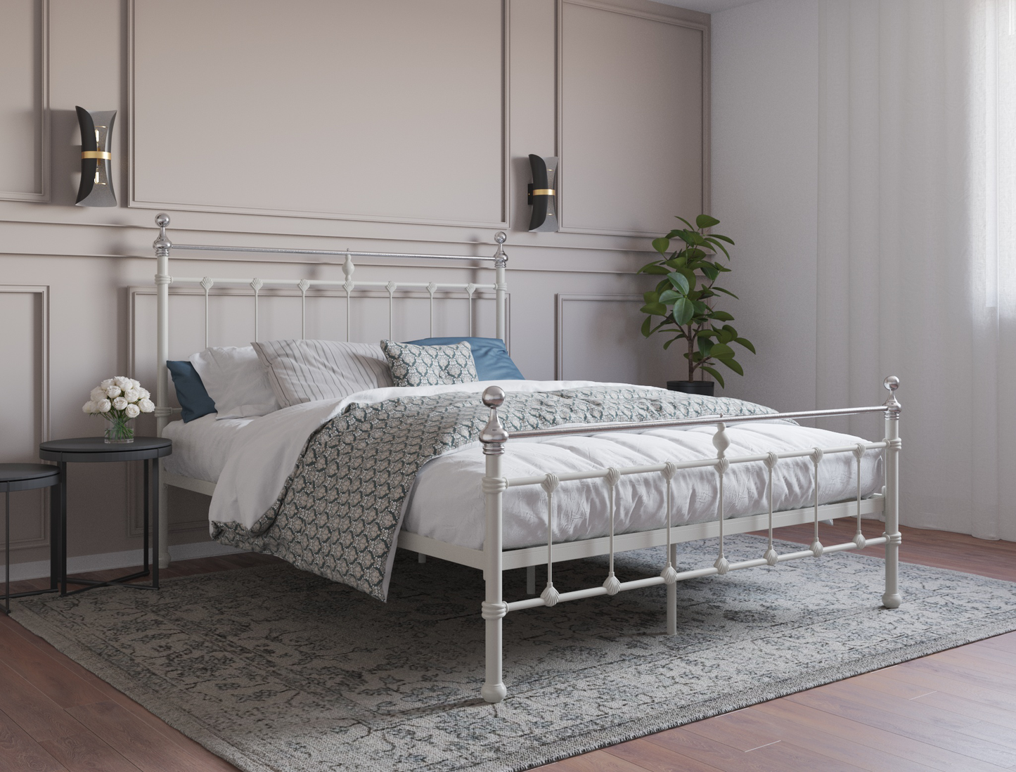 top view of a queen bed frame with mattress and pillows in a bedroom from Isaak