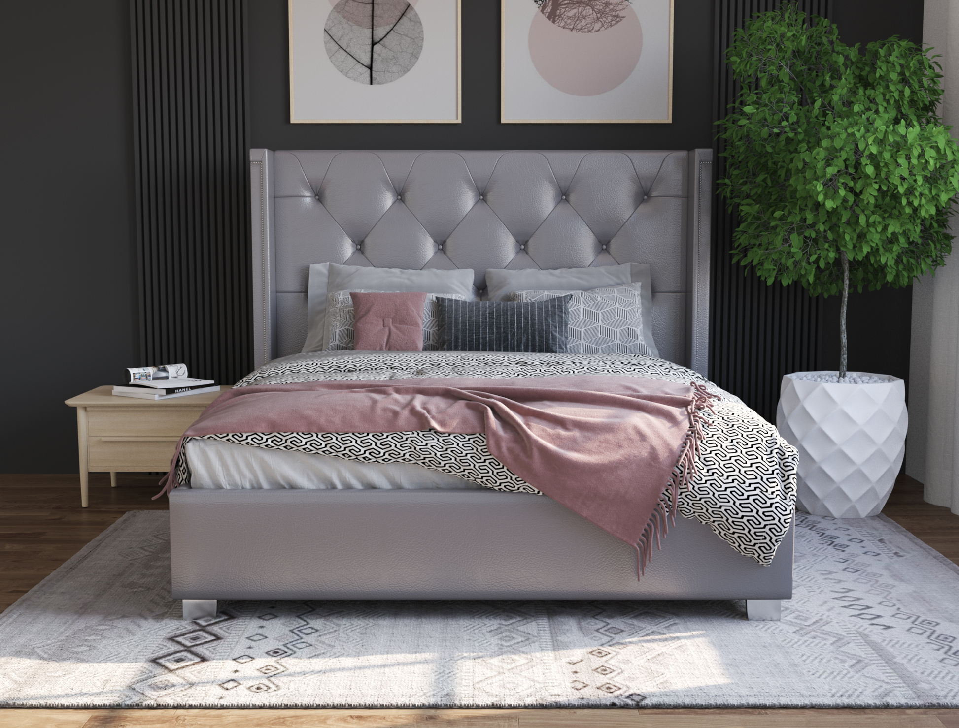 front view of a double bed frame with mattress and pillows in a bedroom from Isaak