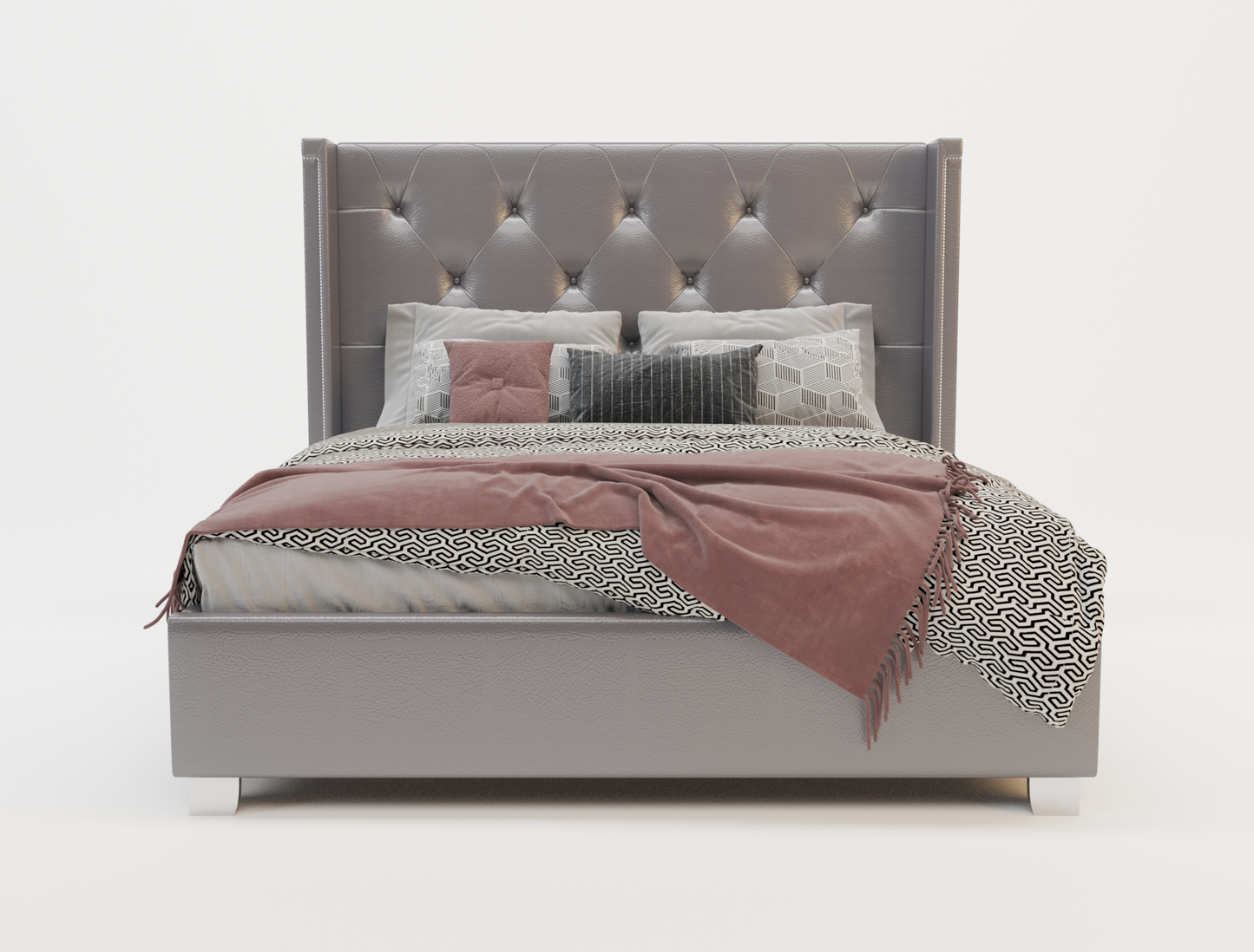 front view of a double bed frame with mattress and pillows in a white background from Isaak