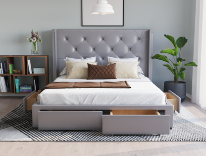 front view of a double bed frame with mattress and pillows in a bedroom from Isaak