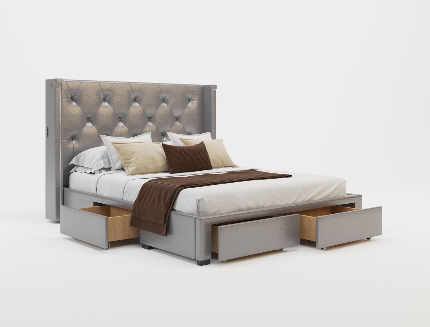 top view of a double bed frame with mattress and pillows in a white background from Isaak