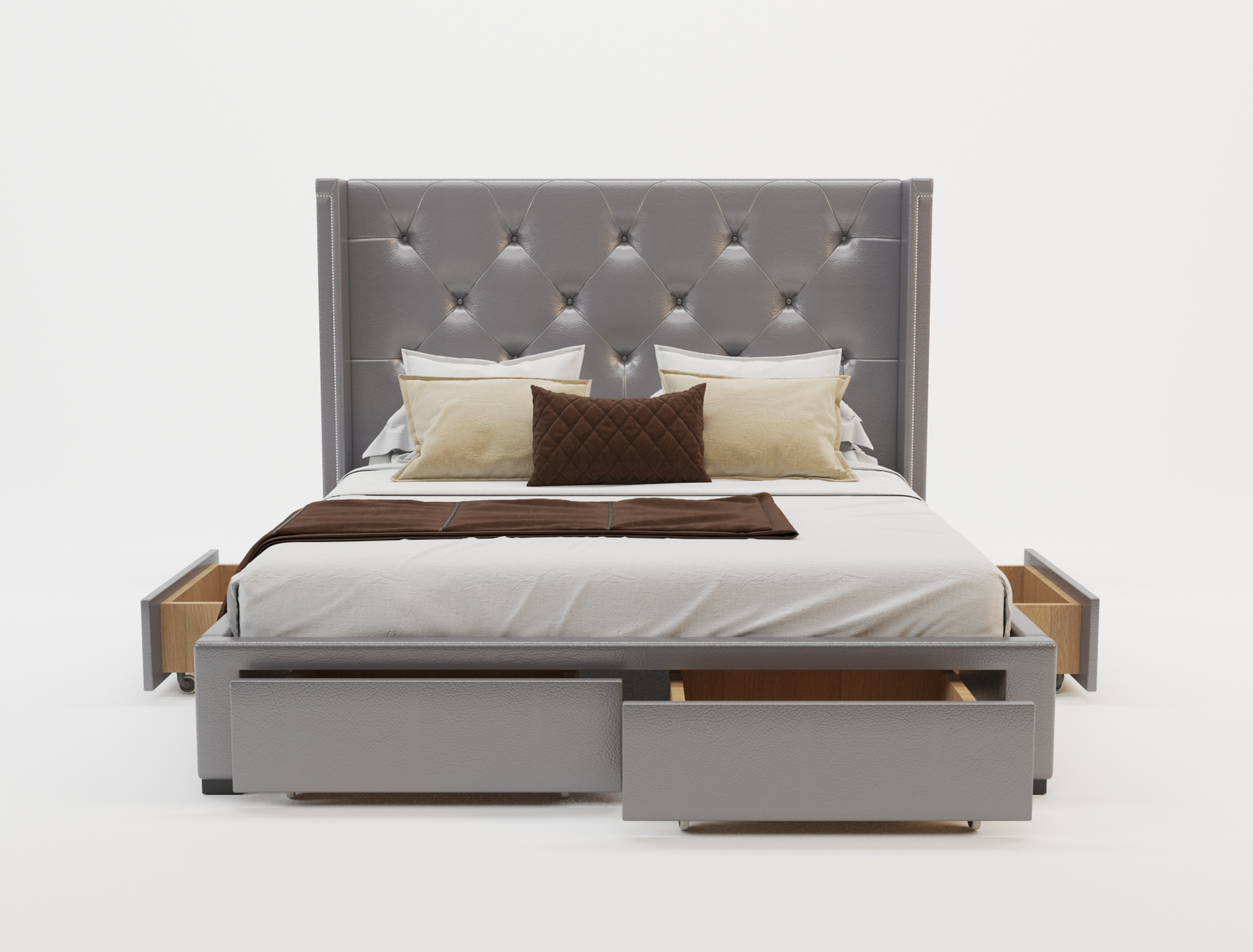 front view of a double bed frame with mattress and pillows in a white background from Isaak