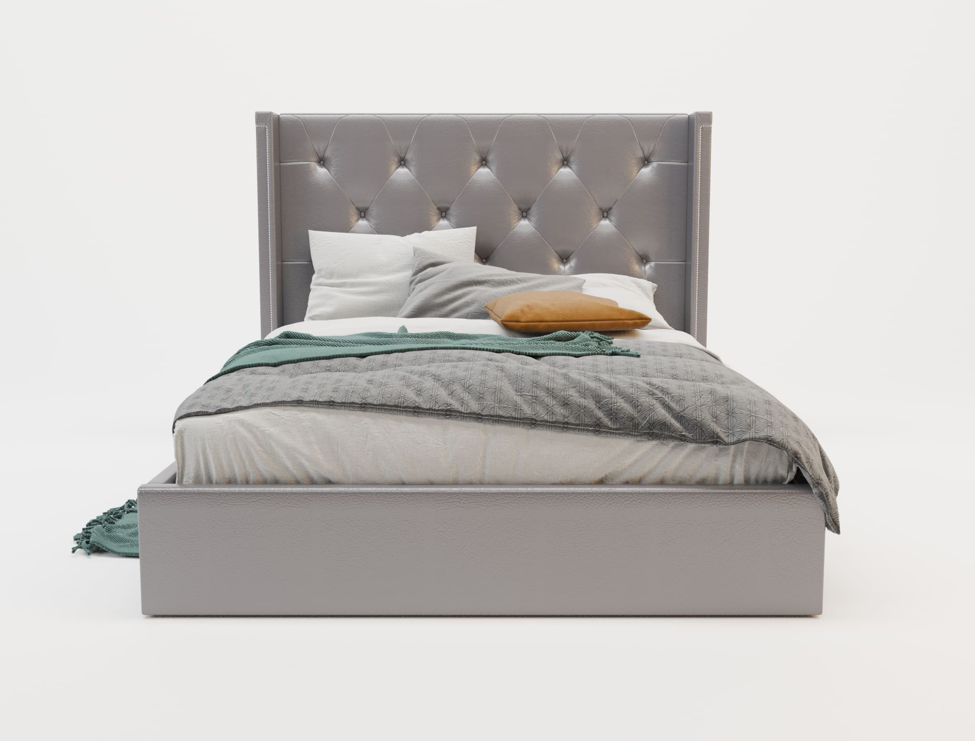 front view of a double bed frame with mattress and pillows in a white background from Isaak