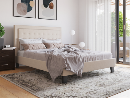 top view of a double bed frame with mattress and pillows in a bedroom from Isaak