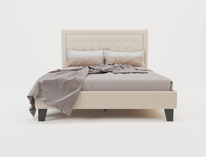 front view of a double bed frame with mattress and pillows in a white background from Isaak