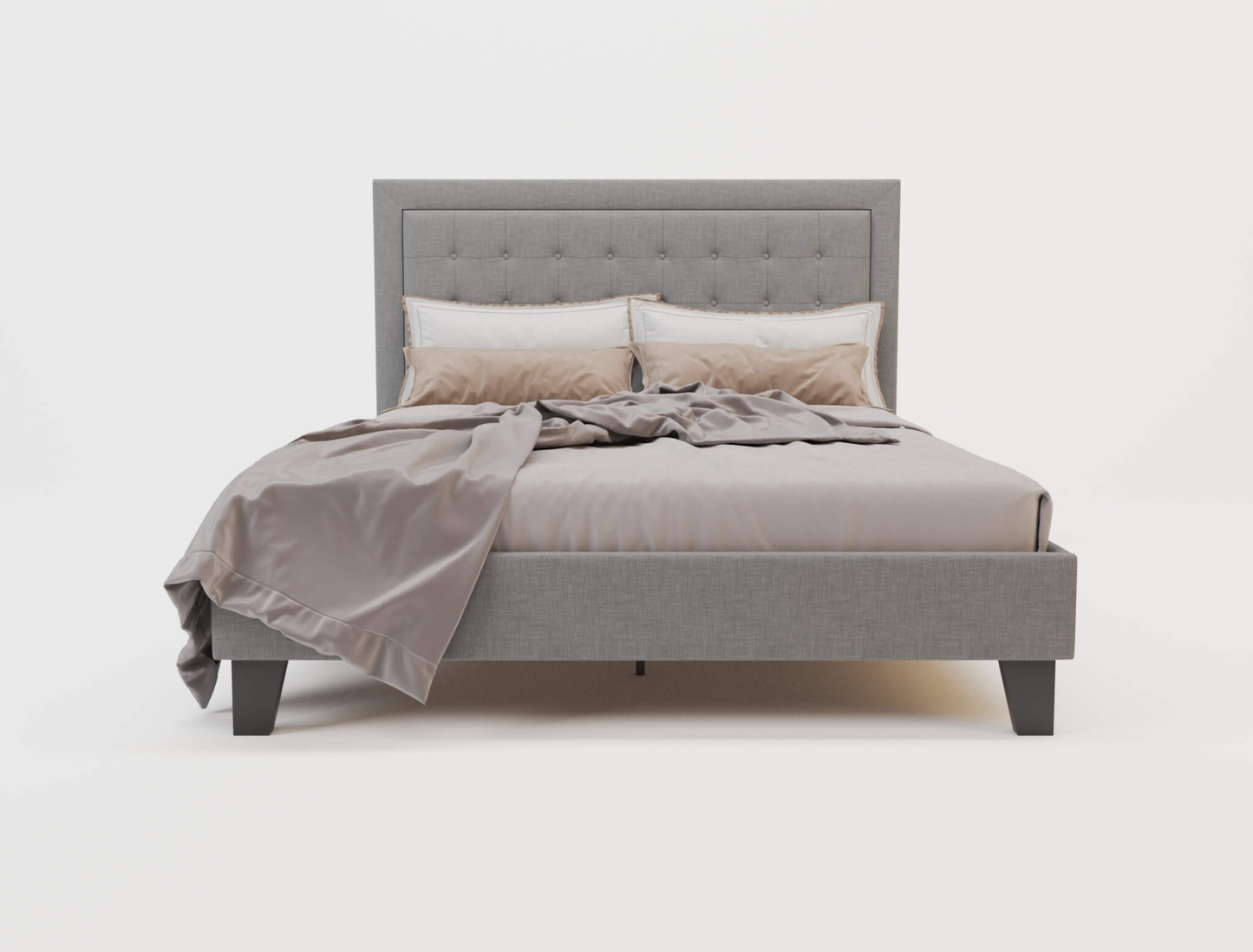 front view of a double bed frame with mattress and pillows in a white background from Isaak