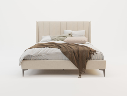 front view of a queen bed frame with pillows and mattress in a white background from Isaak