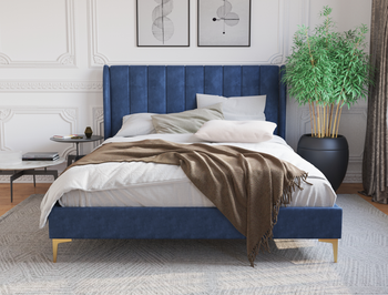 Georgia Blue Velvet Gold Legs Double Bed Frame