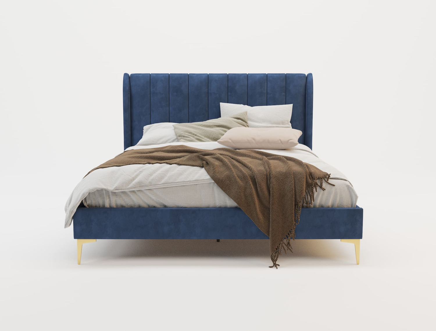 front view of a double bed frame with mattress and pillows in a white background from Isaak