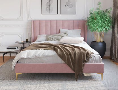 front view of a queen bed frame with mattress and pillows in a bedroom from Isaak