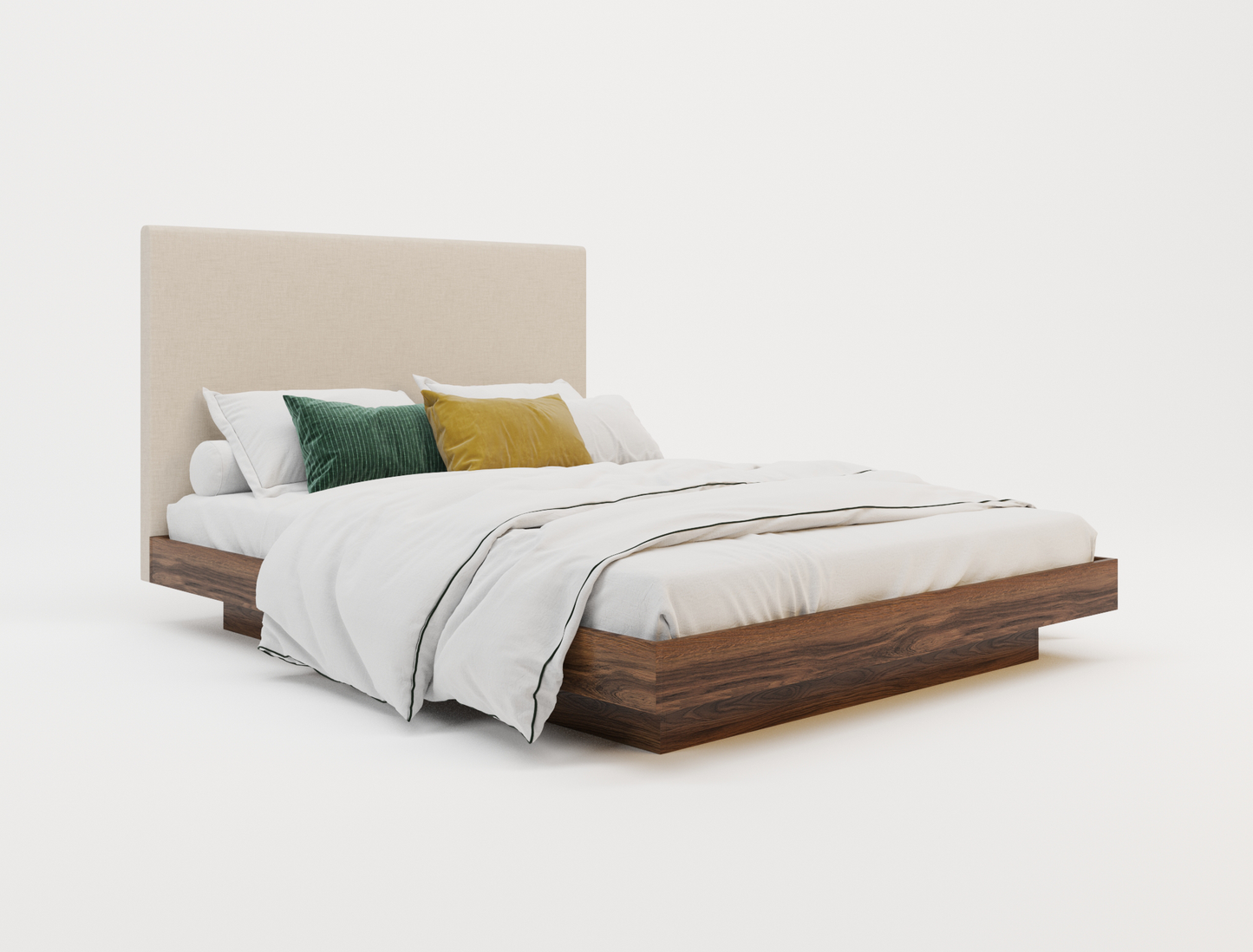 top view of a double bed frame with mattress and pillows in a white background from Isaak