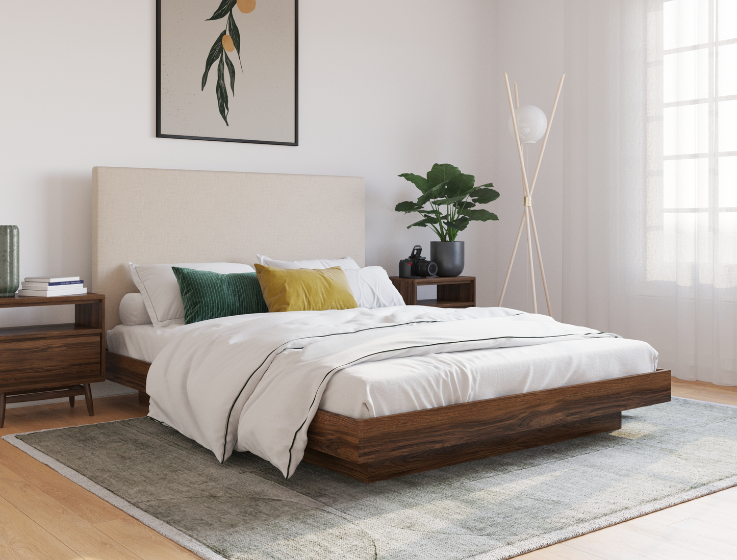 top view of a king bed frame with mattress and pillows in a bedroom from Isaak