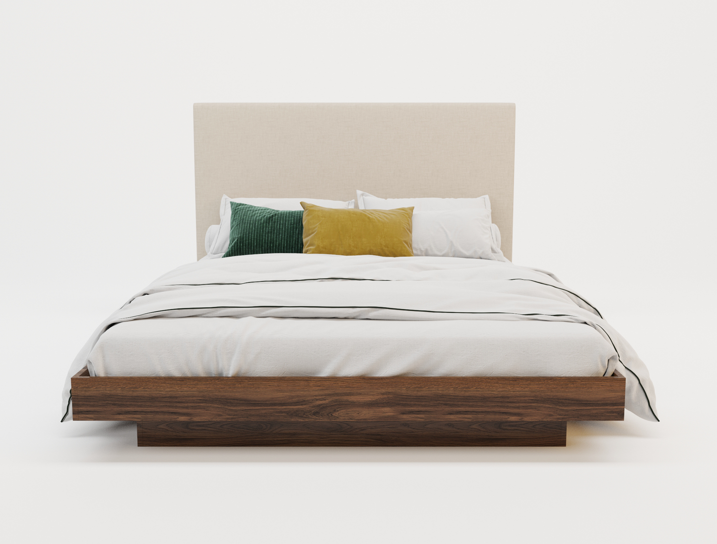 front view of a king bed frame with mattress and pillows in a white background from Isaak