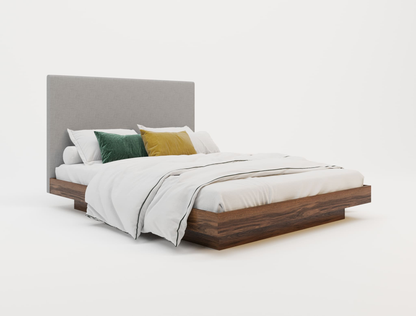 top view of a double bed frame with mattress and pillows in a white background from Isaak