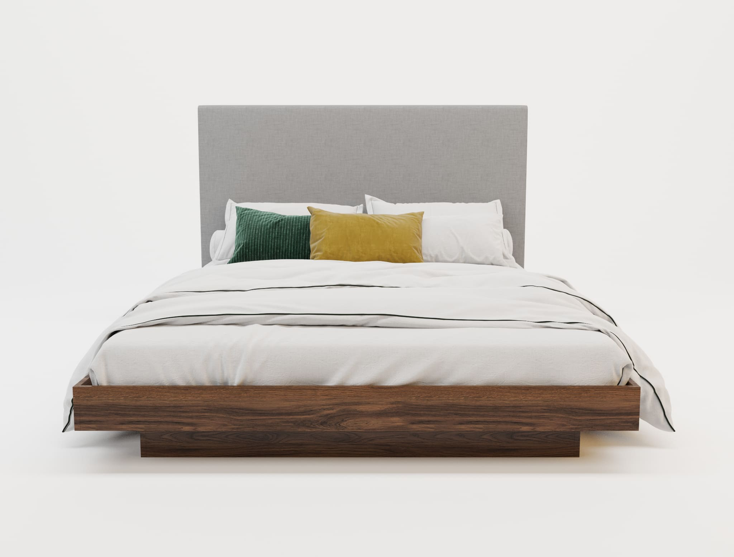 front view of a queen bed frame with mattress and pillows in a white background from Isaak