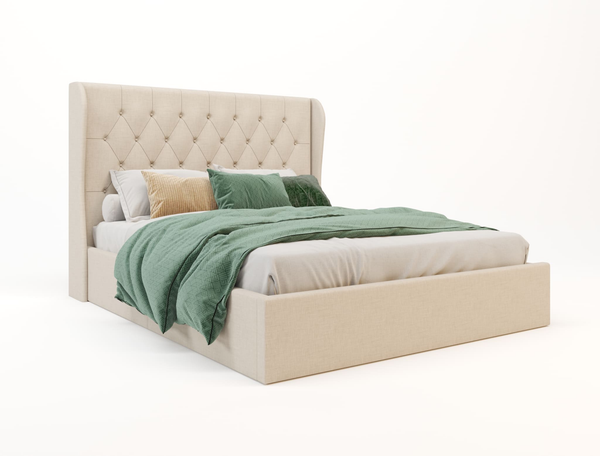 Harlow Beige White Oak Fabric Gas Lift Double Bed Frame