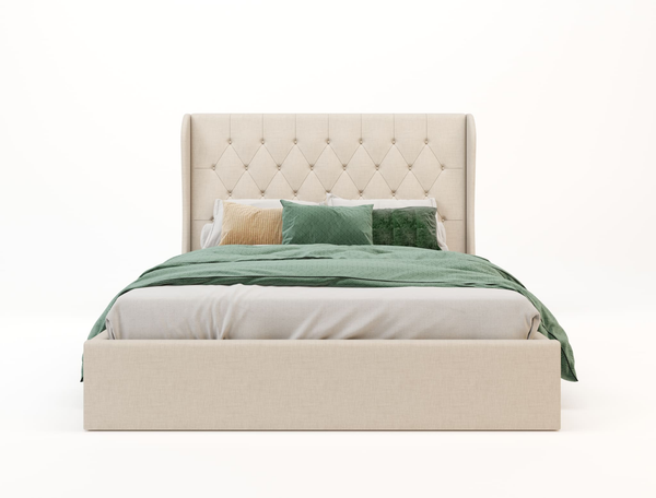 Harlow Beige White Oak Fabric Gas Lift Double Bed Frame