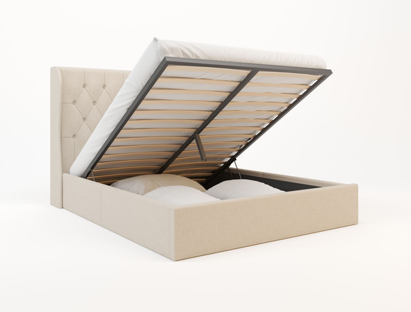 Harlow Beige White Oak Fabric Gas Lift Double Bed Frame