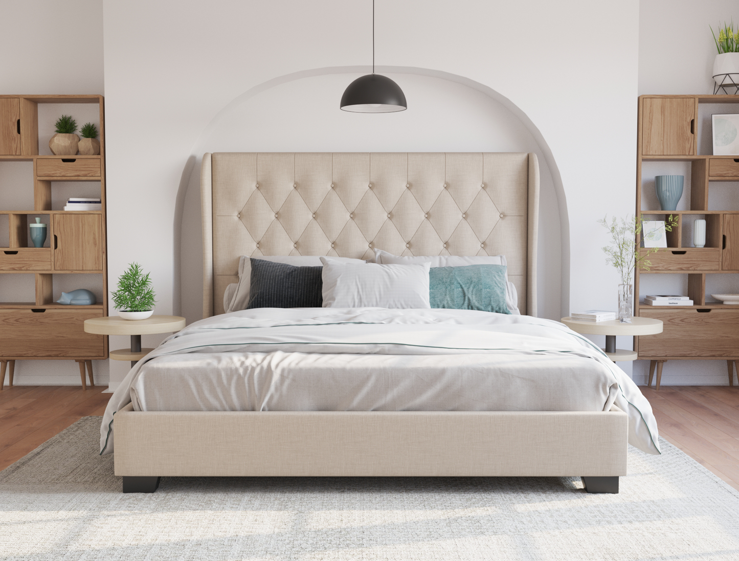 front view of a double bed frame with mattress and pillows in a bedroom from Isaak