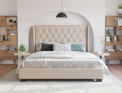 front view of a double bed frame with mattress and pillows in a bedroom from Isaak