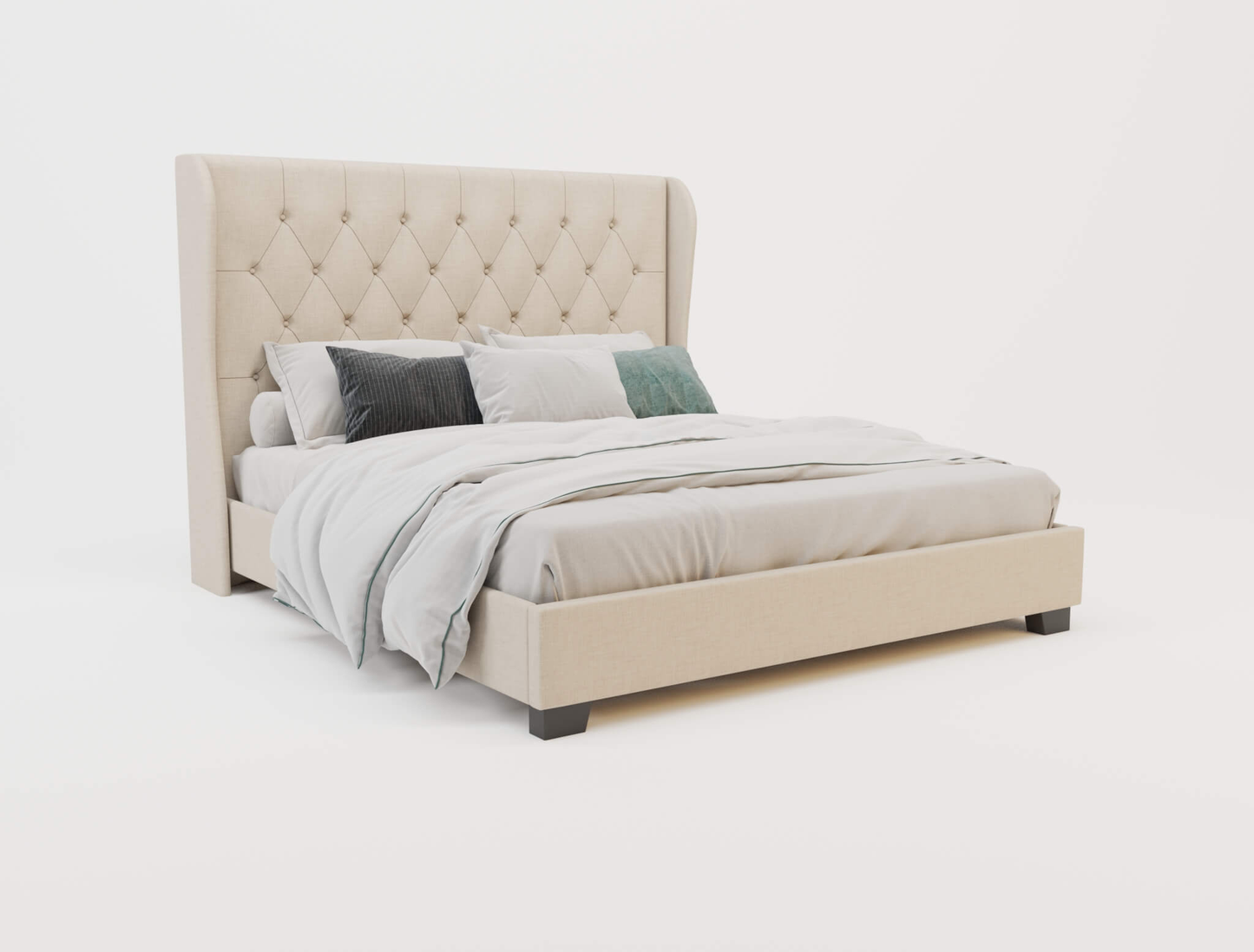 top view of a double bed frame with mattress and pillows in a white background from Isaak