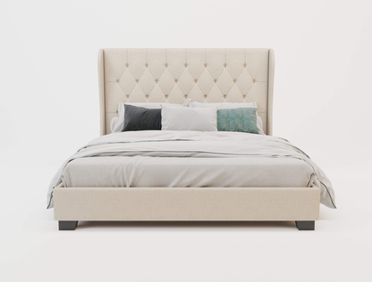 front view of a double bed frame with mattress and pillows in a white background from Isaak