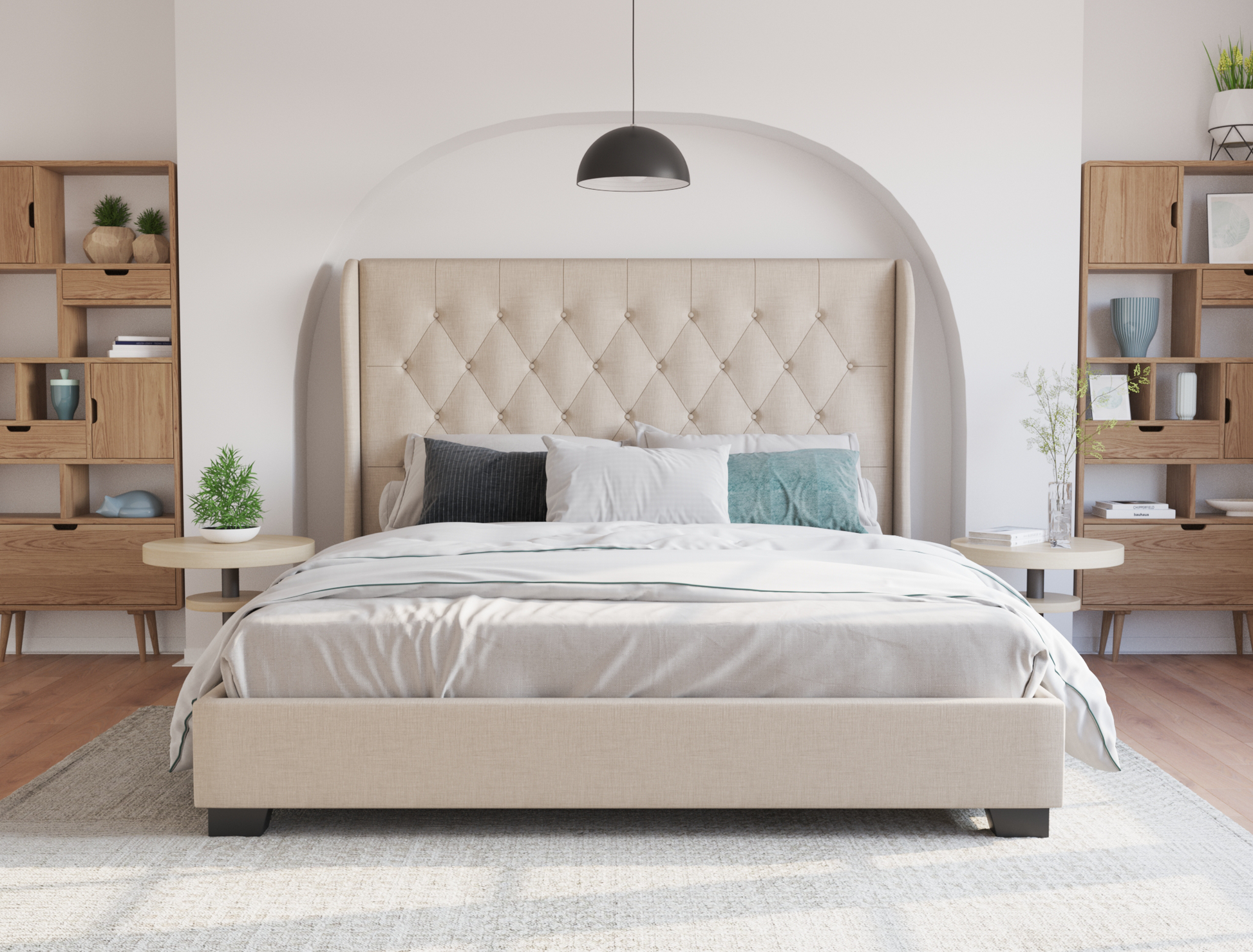 front view of a queen bed frame with mattress and pillows in a bedroom from Isaak