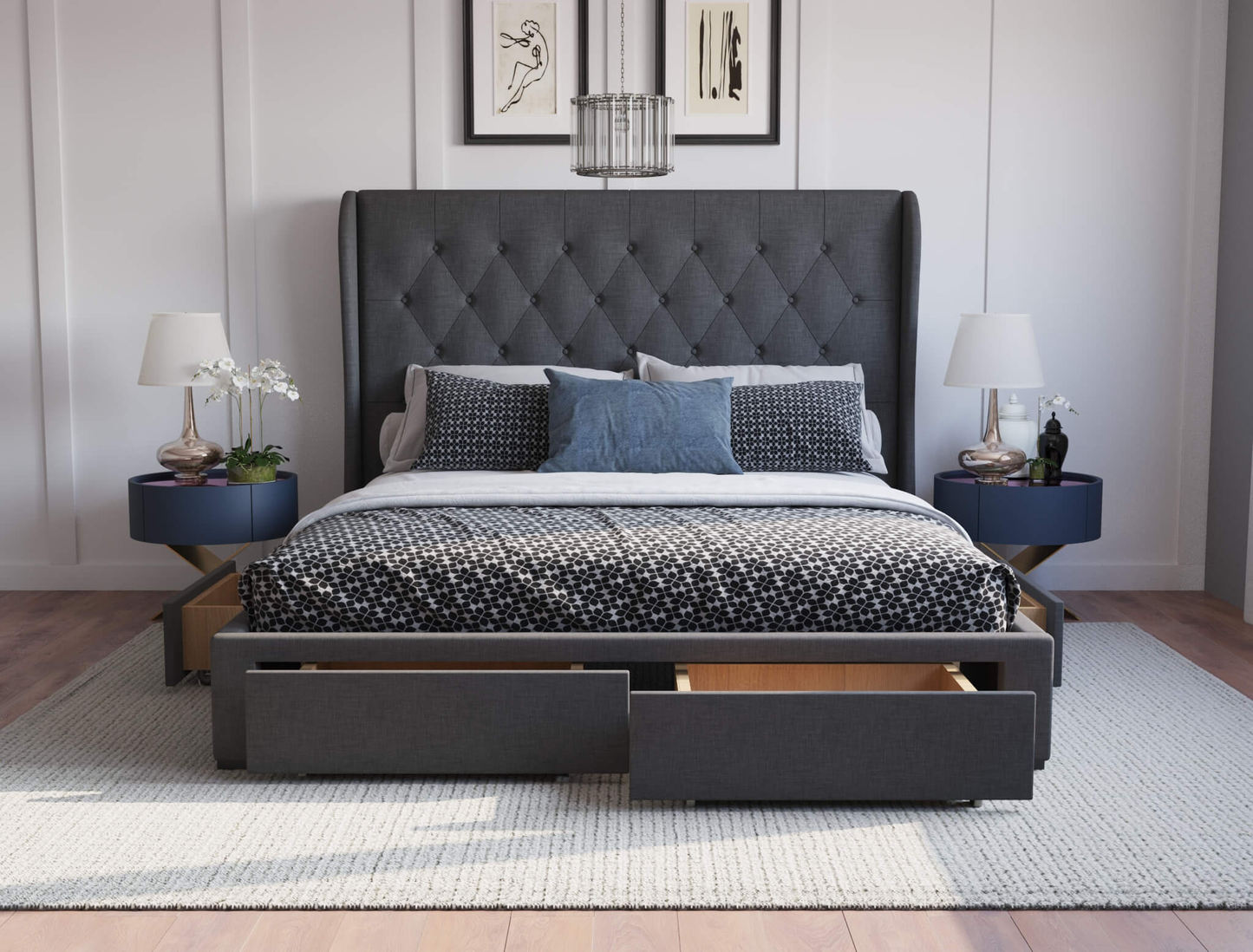 Harlow Charcoal Fabric Drawer Double Bed Frame