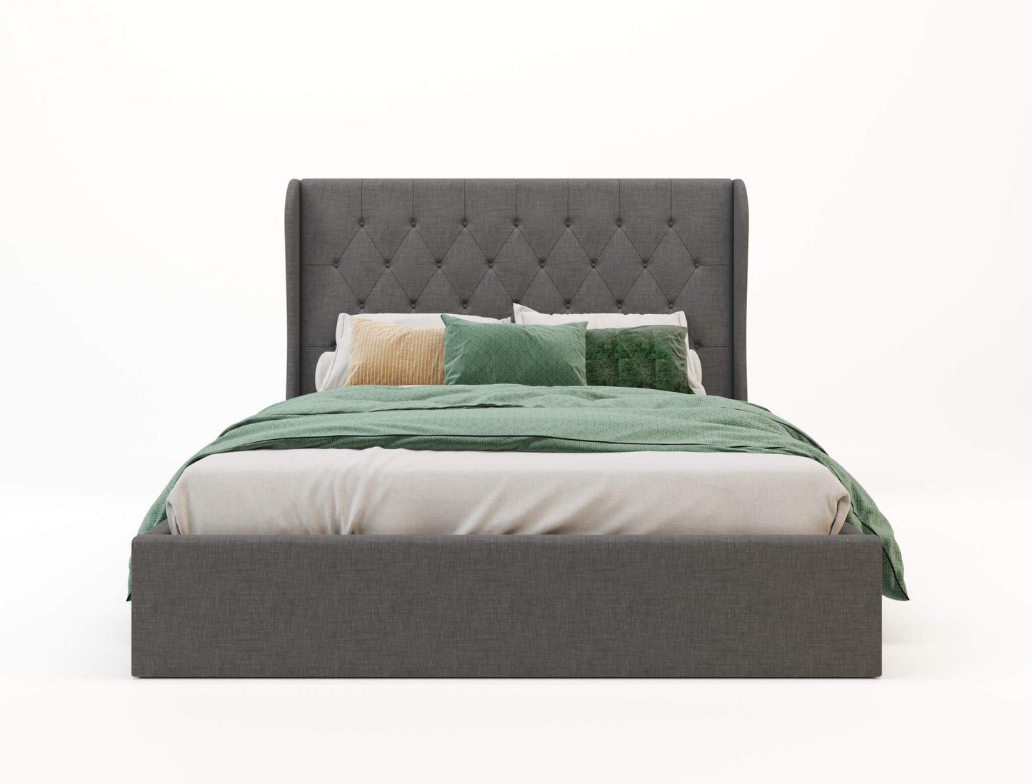 front view of a double bed frame with mattress and pillows in a white background from Isaak