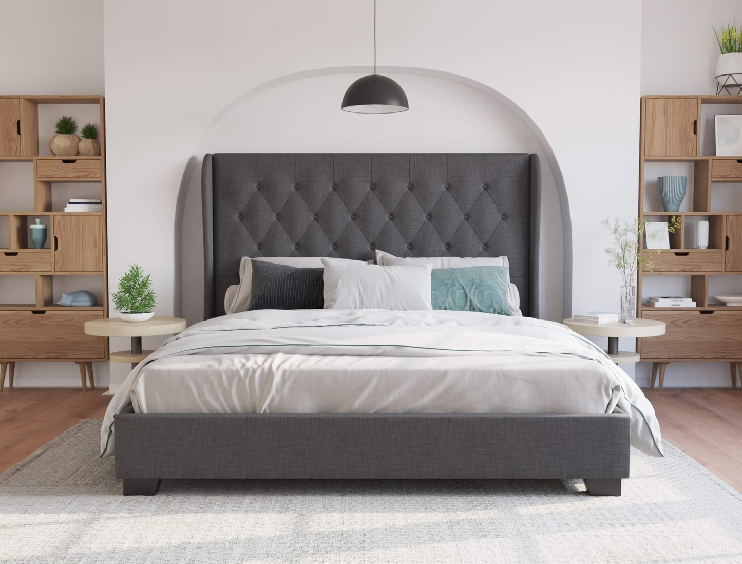 front view of a double bed frame with mattress and pillows in a bedroom from Isaak