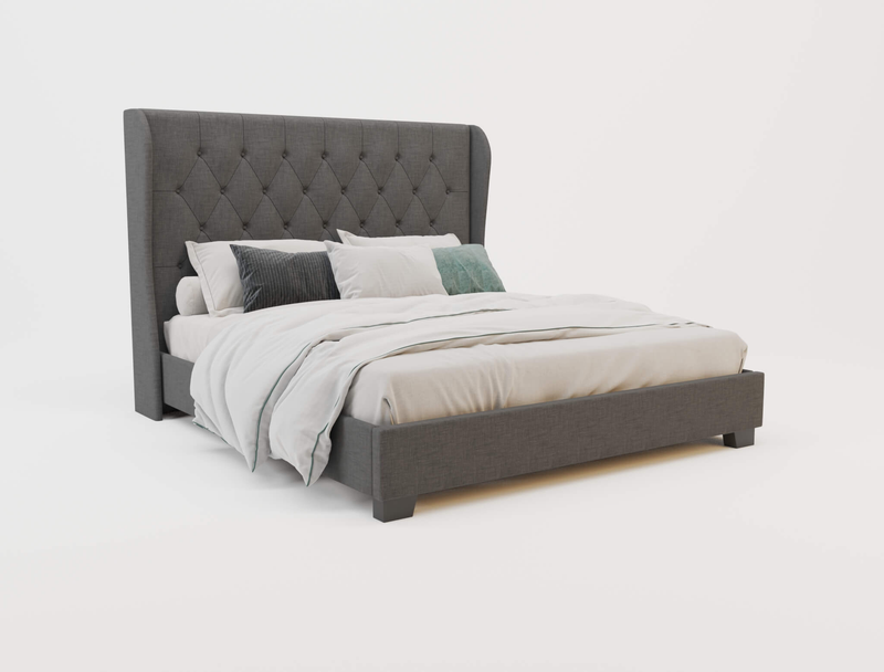 front view of a double bed frame with mattress and pillows in a white background from Isaak