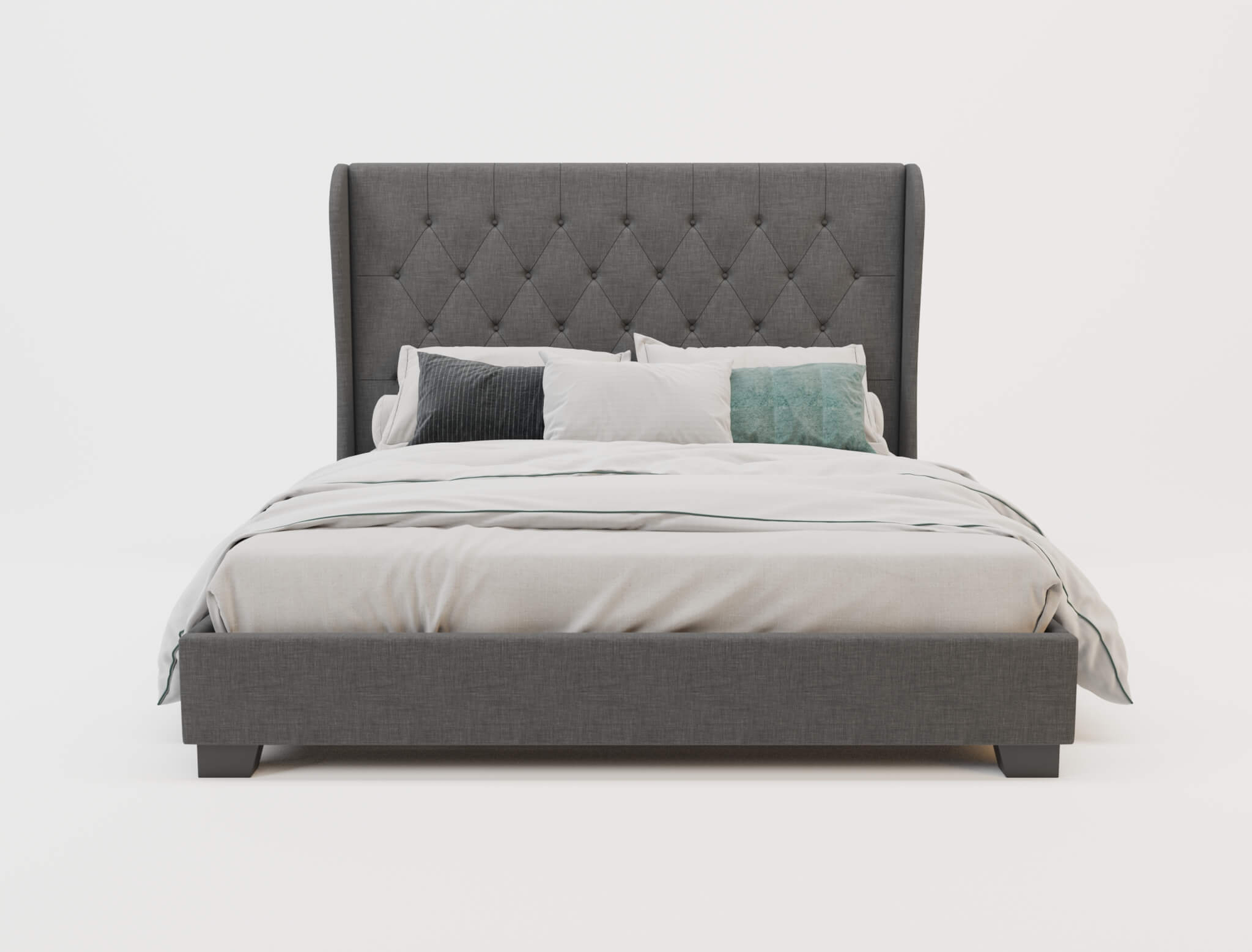 front view of a double bed frame with mattress and pillows in a white background from Isaak