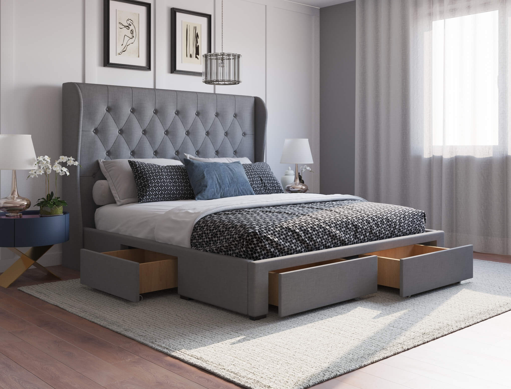 top view of a double bed frame with mattress and pillows in a bedroom from Isaak