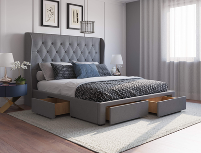 top view of a double bed frame with mattress and pillows in a bedroom from Isaak