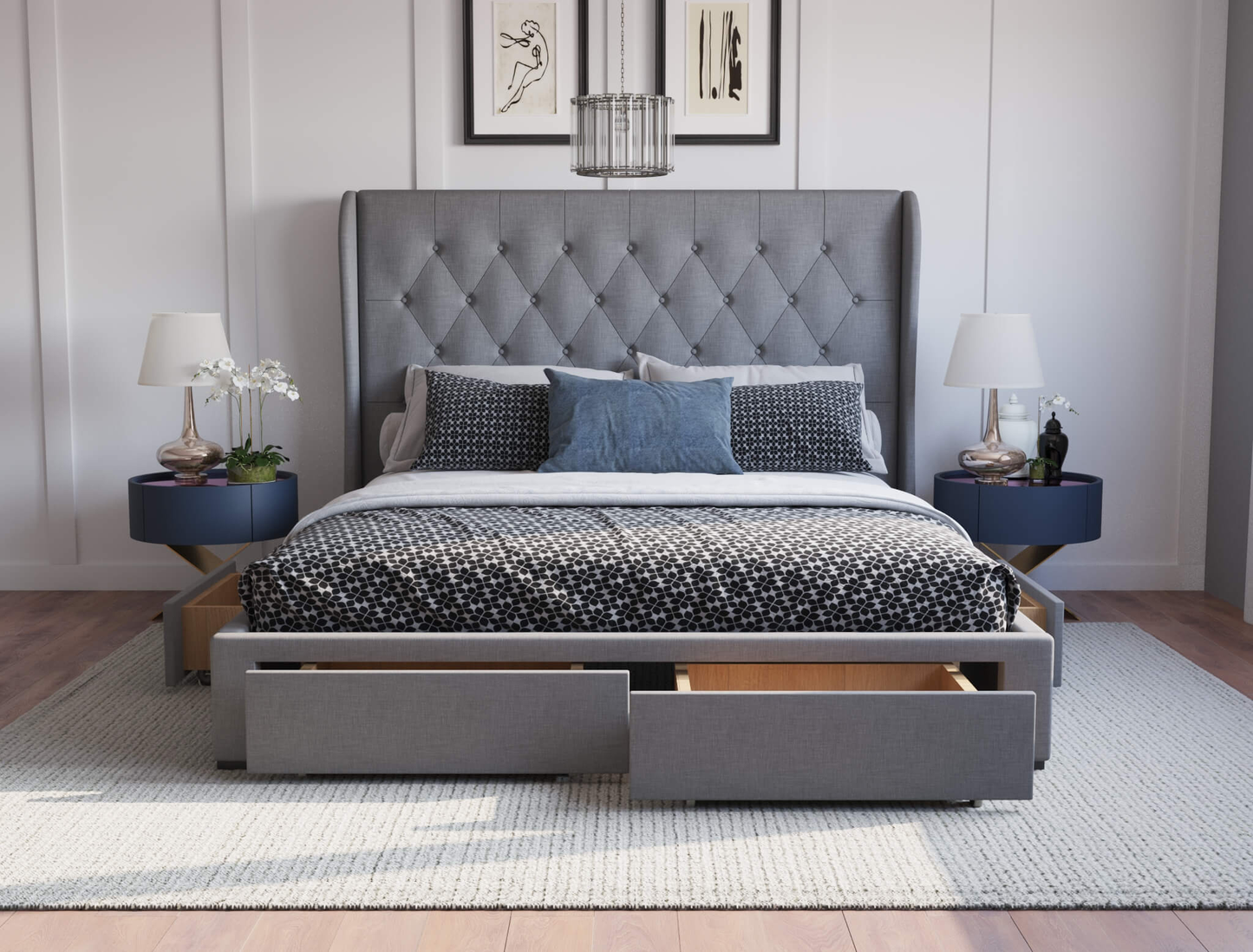 front view of a double bed frame with mattress and pillows in a bedroom from Isaak