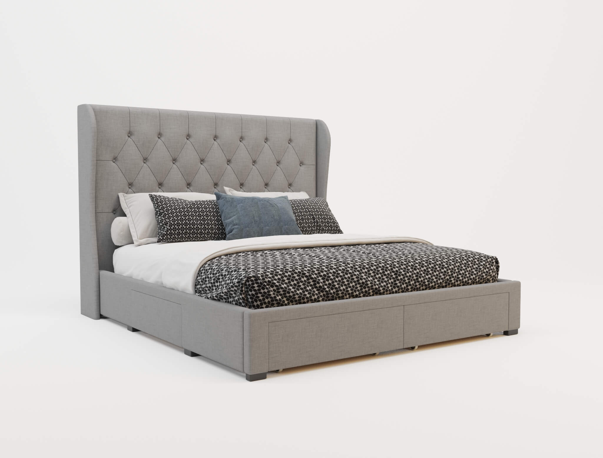 top view of a double bed frame with mattress and pillows in a white background from Isaak 2