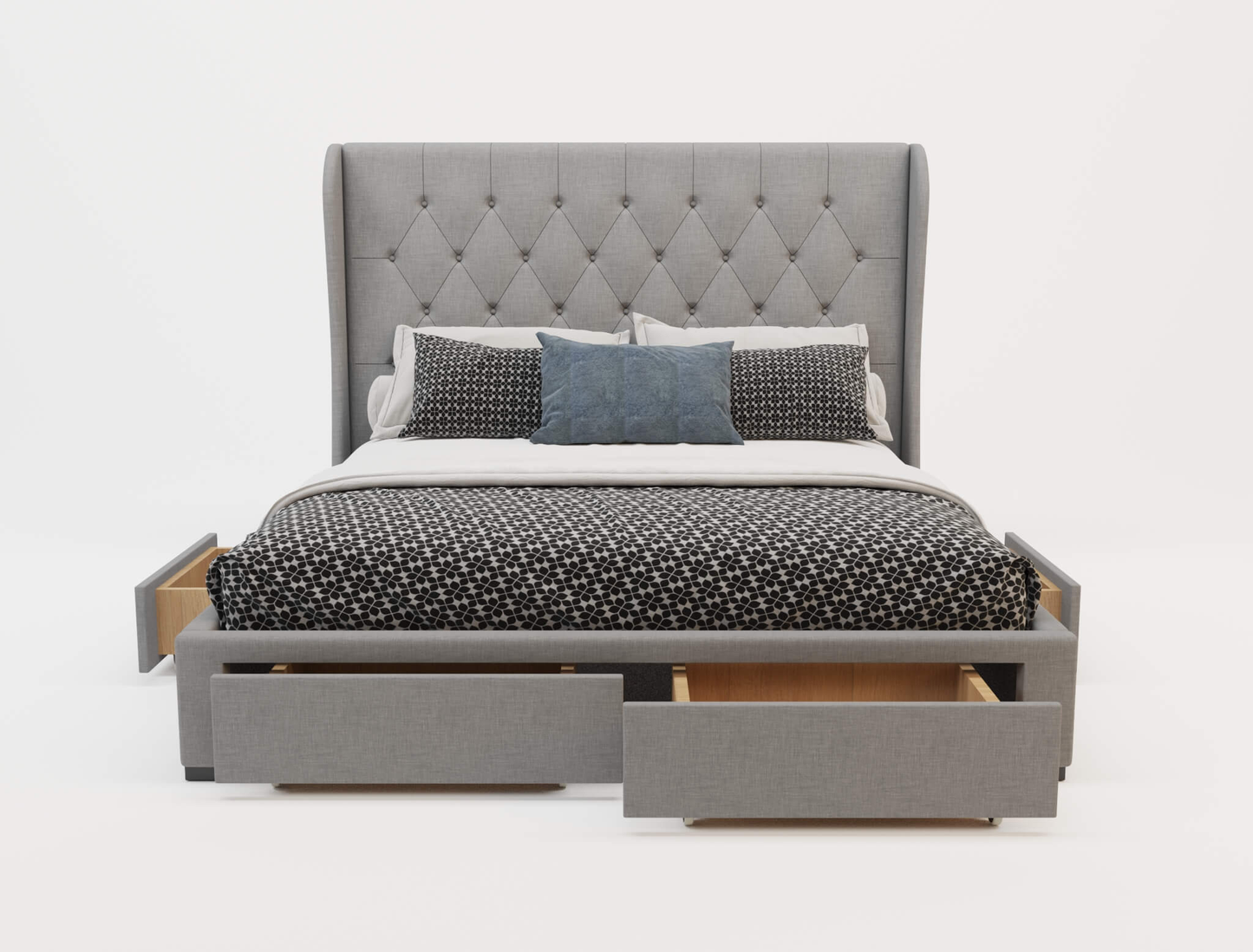 front view of a double bed frame with mattress and pillows in a white background from Isaak