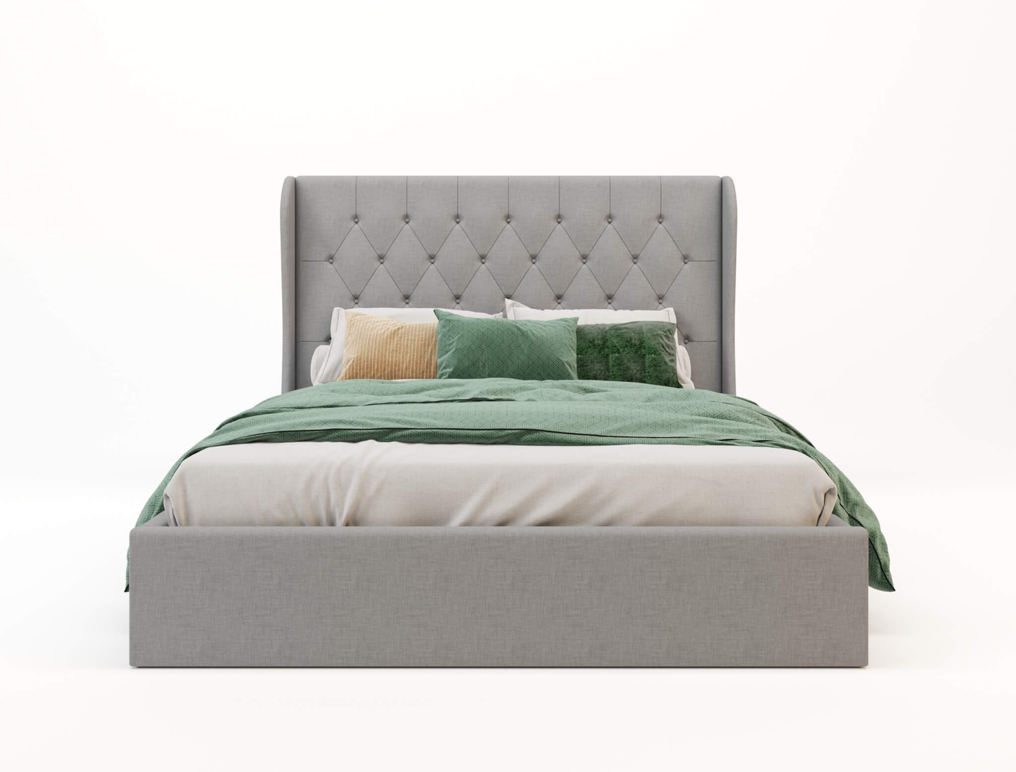 front view of a king single bed frame with mattress and pillows in a white background from Isaak