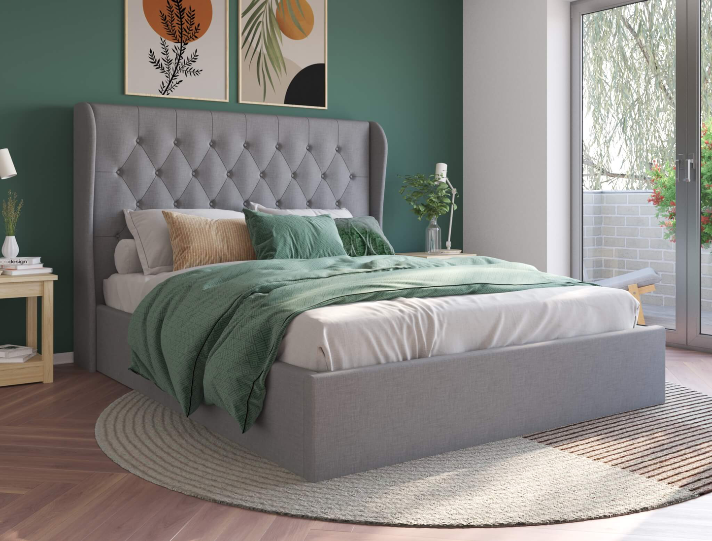 top view of a queen bed frame with mattress and pillows in a bedroom from Isaak