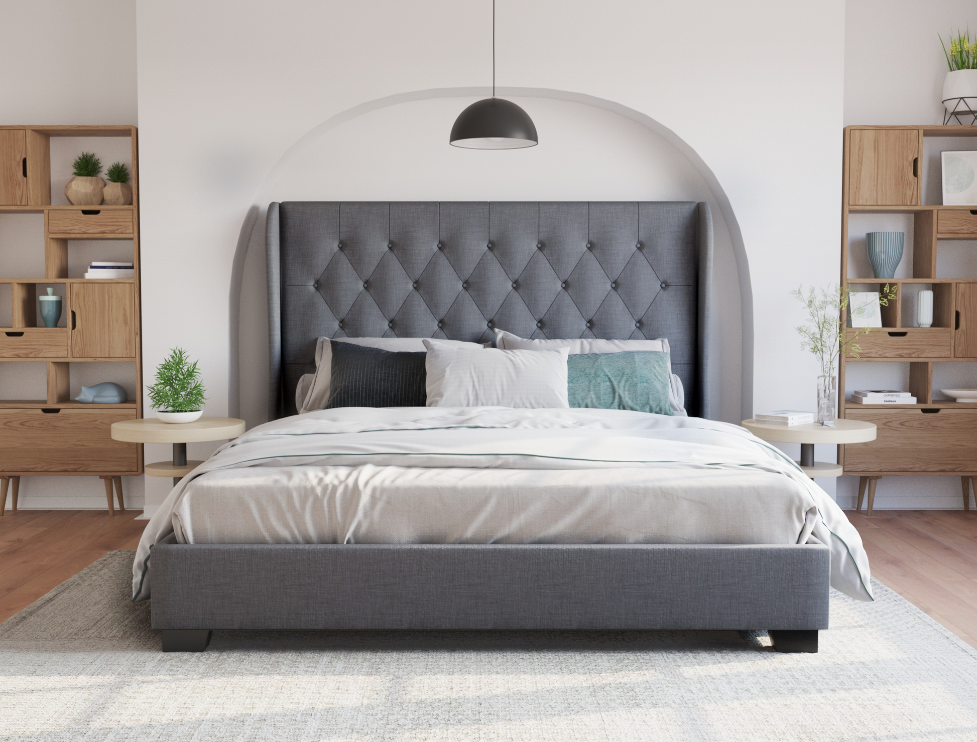 front view of a double bed frame with mattress and pillows in a bedroom from Isaak