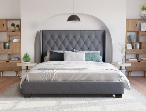 front view of a double bed frame with mattress and pillows in a bedroom from Isaak