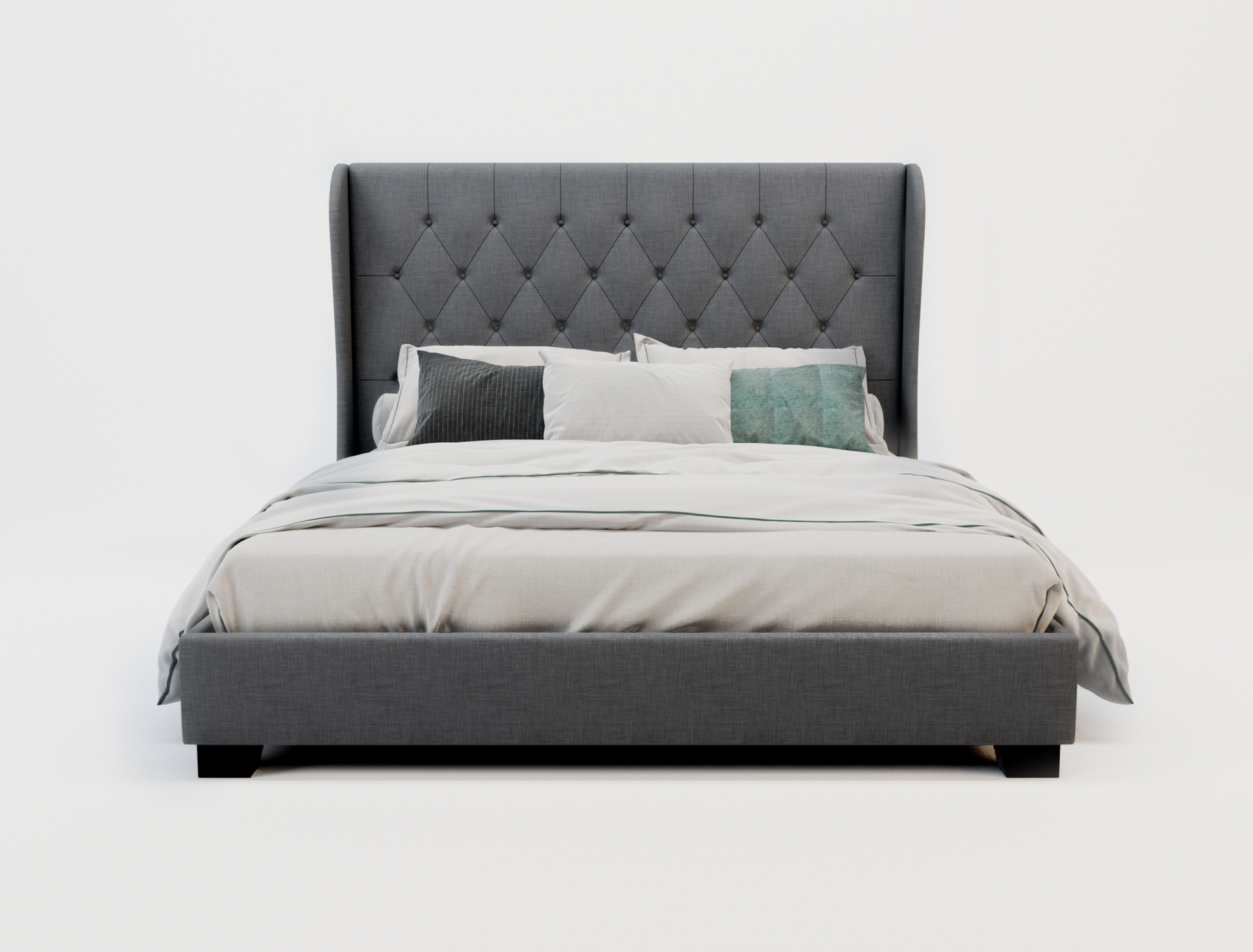 front view of a double bed frame with mattress and pillows in a white background from Isaak