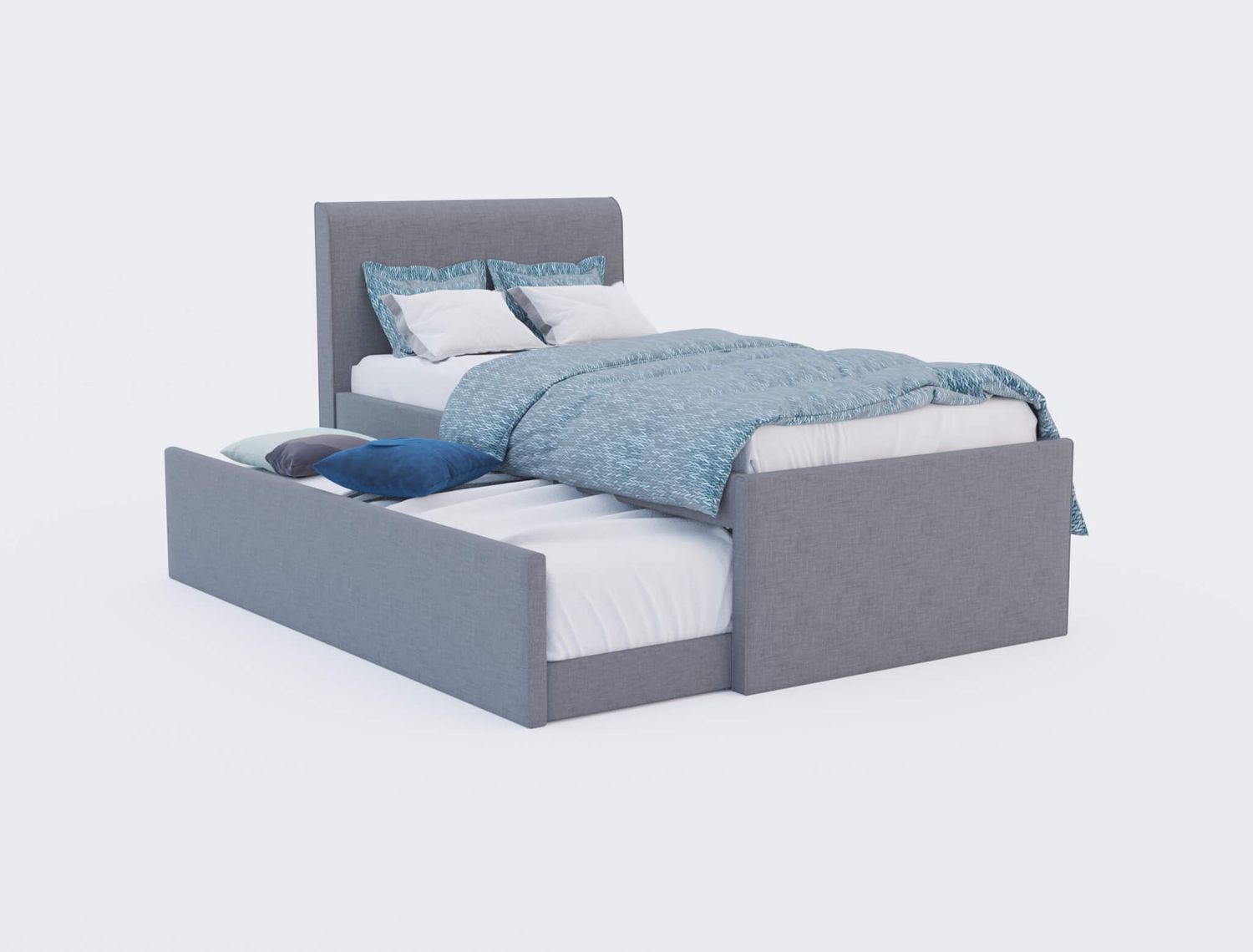 top view of a king single bed frame with mattress and pillows in a white background from Isaak