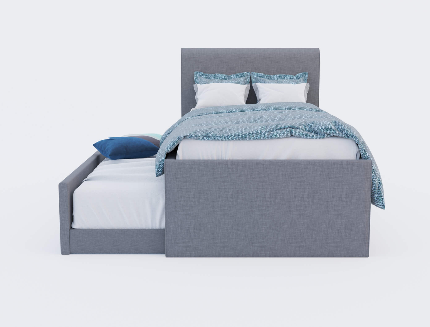 front view of a king single bed frame with mattress and pillows in a white background from Isaak