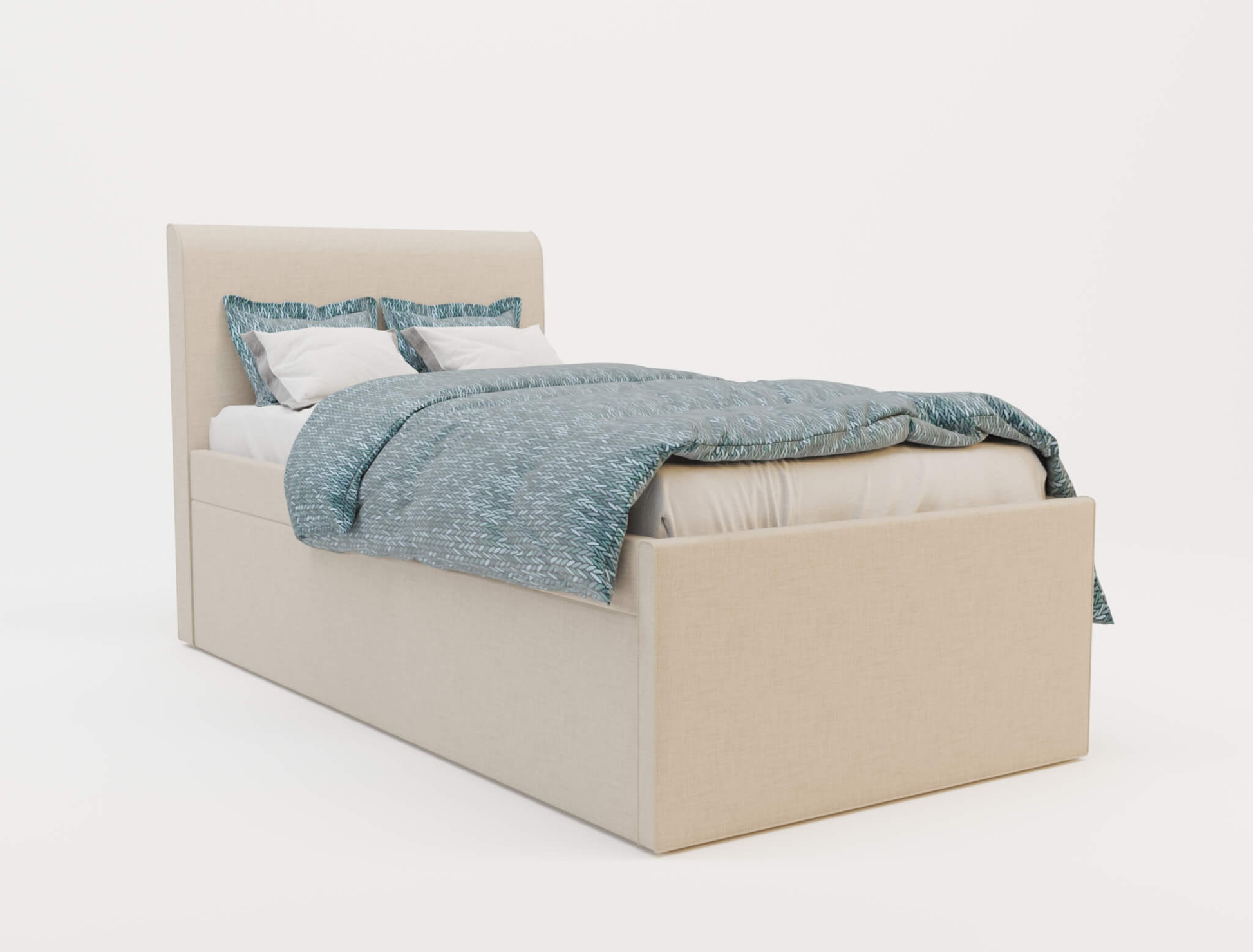 top view of a king single bed frame with mattress and pillows in a white background from Isaak 2