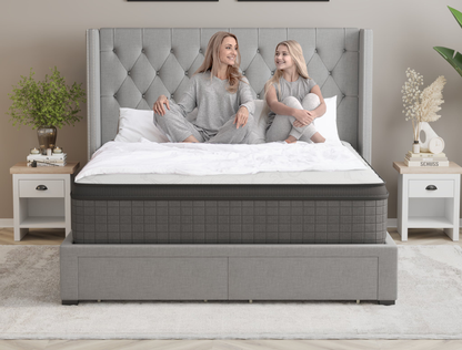 mom and daughter sitting on a double mattress on a bed frame in a bedroom from Isaak