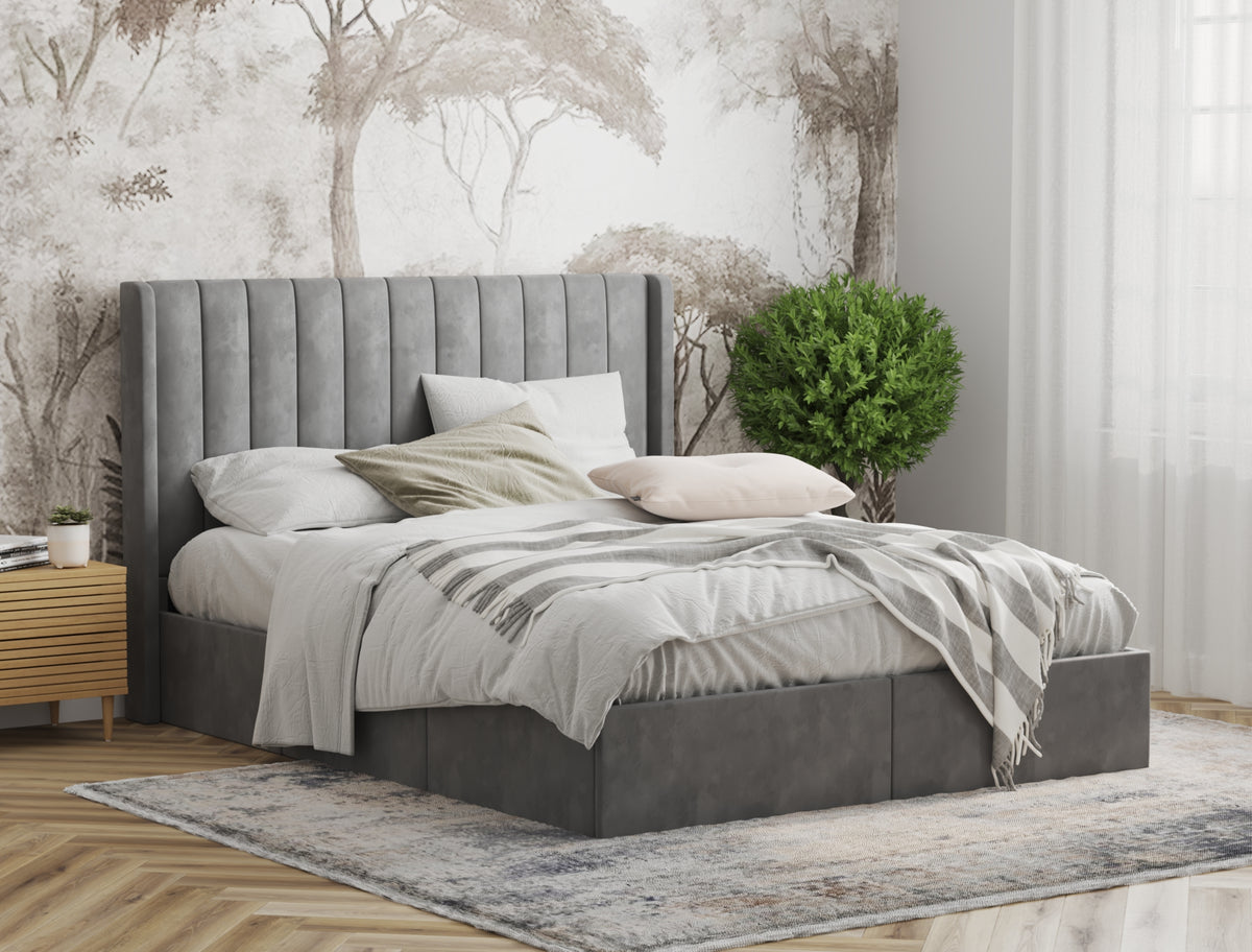 Tulawie Beige Grey Velvet Drawer Bed Frame